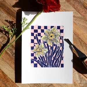 Original Linocut Block Print Daffodils Pink & Yellow