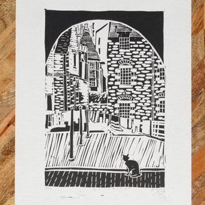 Impression linogravure originale au bloc originale en édition limitée Chat à Édimbourg