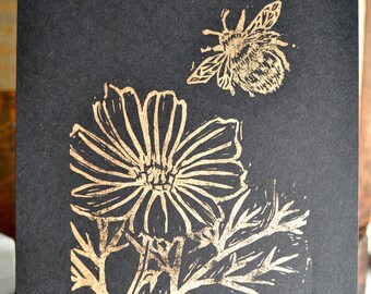 Bumblebee Linocut Print: Black & Gold Cosmos, Hand-Printed Floral Art