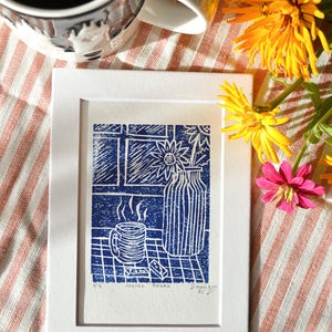 Coffee Break Linocut Dark Blue Mini Print | Handprinted Original Artwork Design | Dorm Art