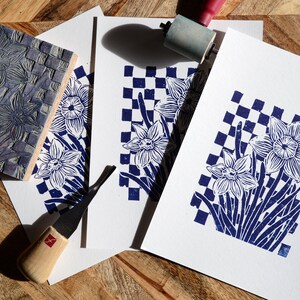 Original Linocut Block Print Daffodils Blue/White