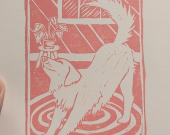 Golden Retriever Linocut Print | Pink Ink Dog Art (matted to 8x10)