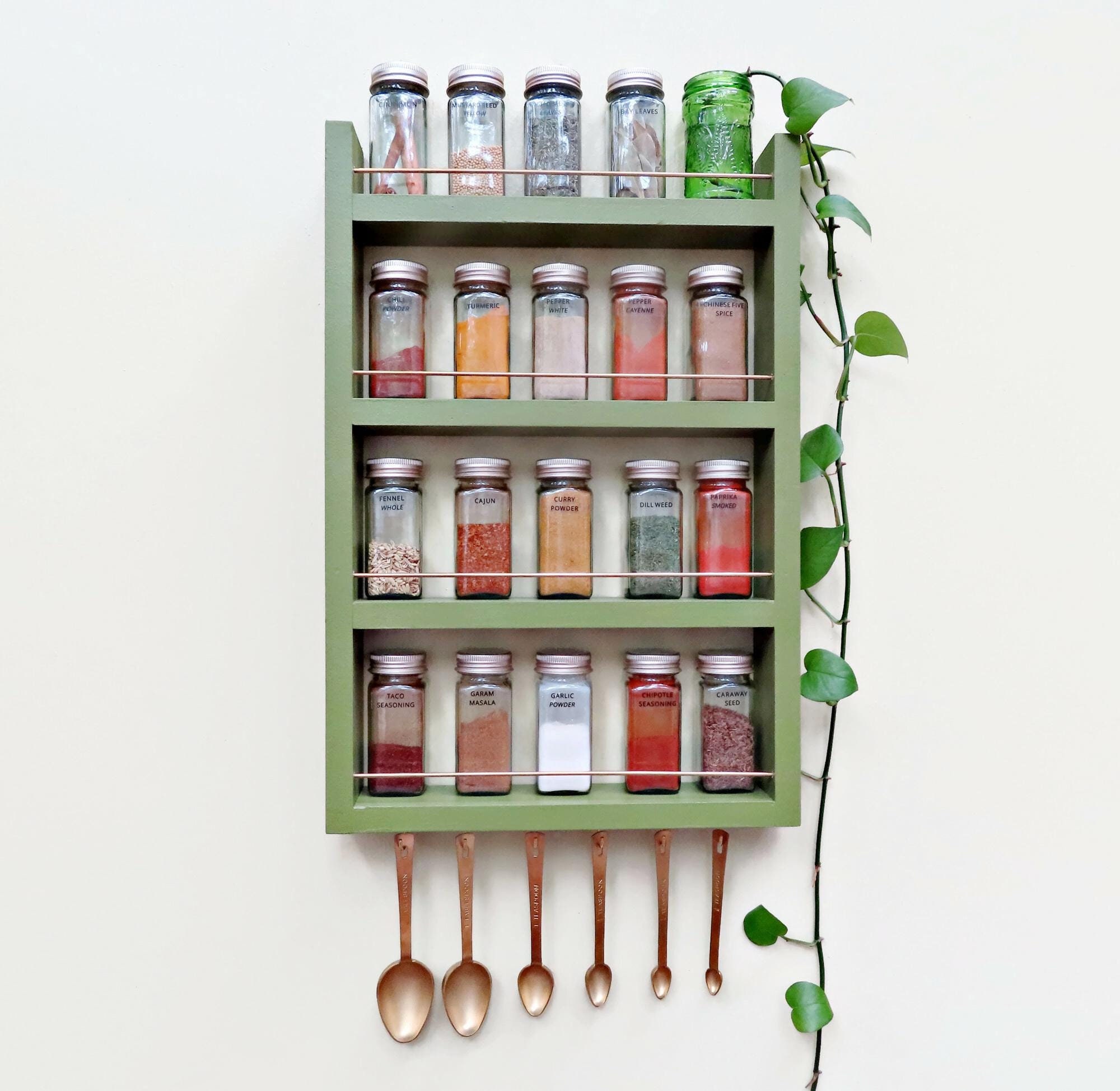 Green Spice Rack Hanging Kitchen Organization 4 Shelf or 3 Shelf Wall Mount Kitchen Storage for Spices or Essential Oils With Brass Rails Etsy