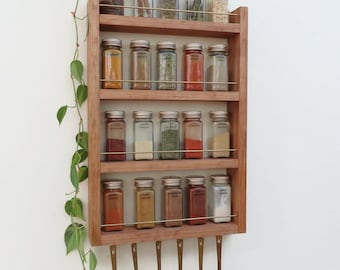 spice rack with brass bars in walnut wood tone, fits Lenox spice village, hanging spice rack with hooks for hanging measuring spoons