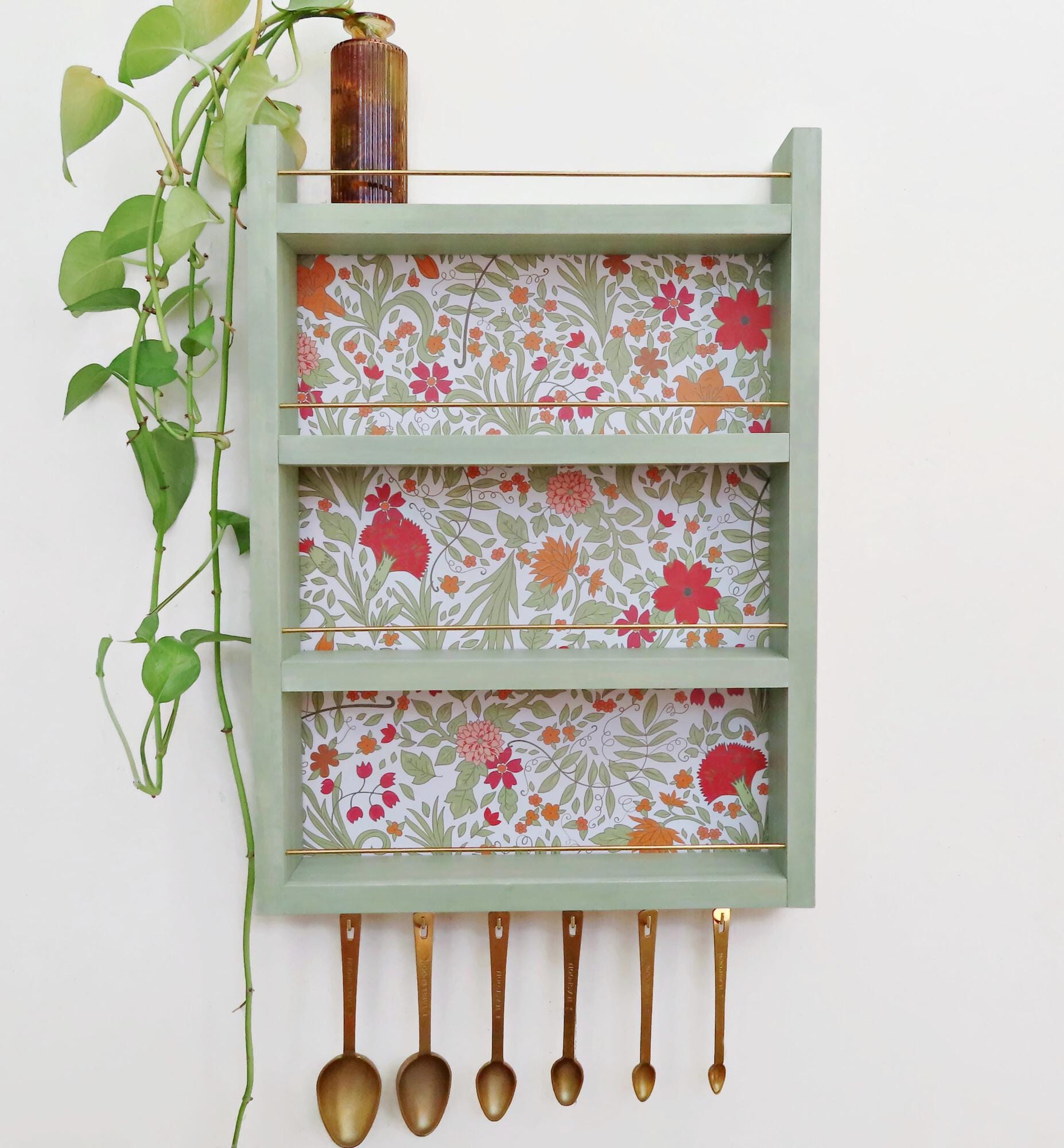 Green Spice Rack With Flower Background and Hooks for Hanging Measuring ...