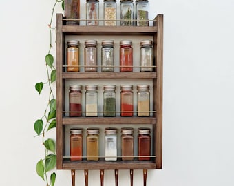 wood spice rack with brass rails and hooks to hang measuring spoons, Fits Lenox spice village, hanging kitchen organization, 3 or 4 shelves