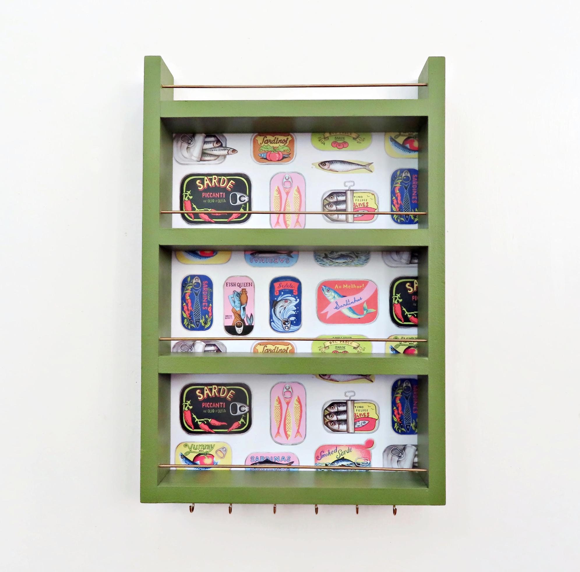 sardine spice rack in green wall mount, fits Lenox spice village, 4 shelf or 3 shelf wall hanging storage for spices or essential oils