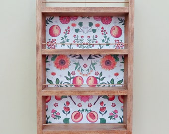 spice rack with peaches background in walnut, 4 shelf or 3 shelf wall mount kitchen storage for spices or essential oils, hanging spice rack