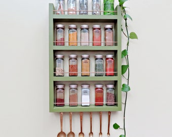 green spice rack, hanging kitchen organization, 4 shelf or 3 shelf wall mount kitchen storage for spices or essential oils with brass rails