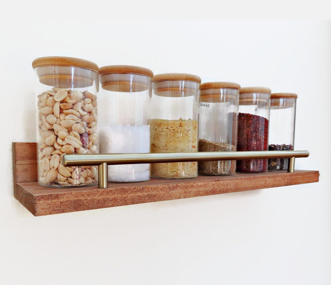 Wood Spice Rack Shelves With Gold Rail for Larger Spices and Oils ...