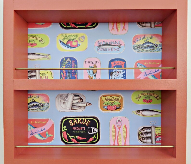 Spice rack with sardine background in terracotta, 4 shelf wall mount kitchen shelf for spices
