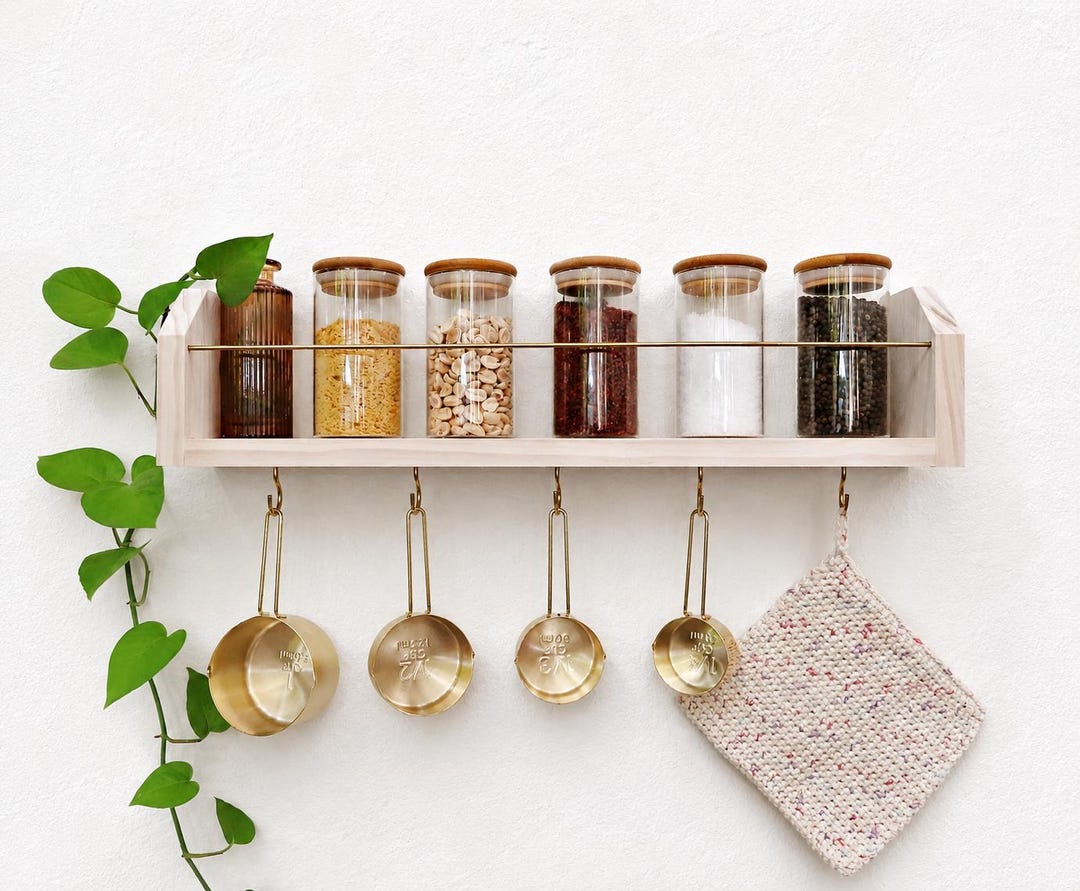 Floating Shelf Spice Rack for Kitchen Organization With Brass Hanging ...