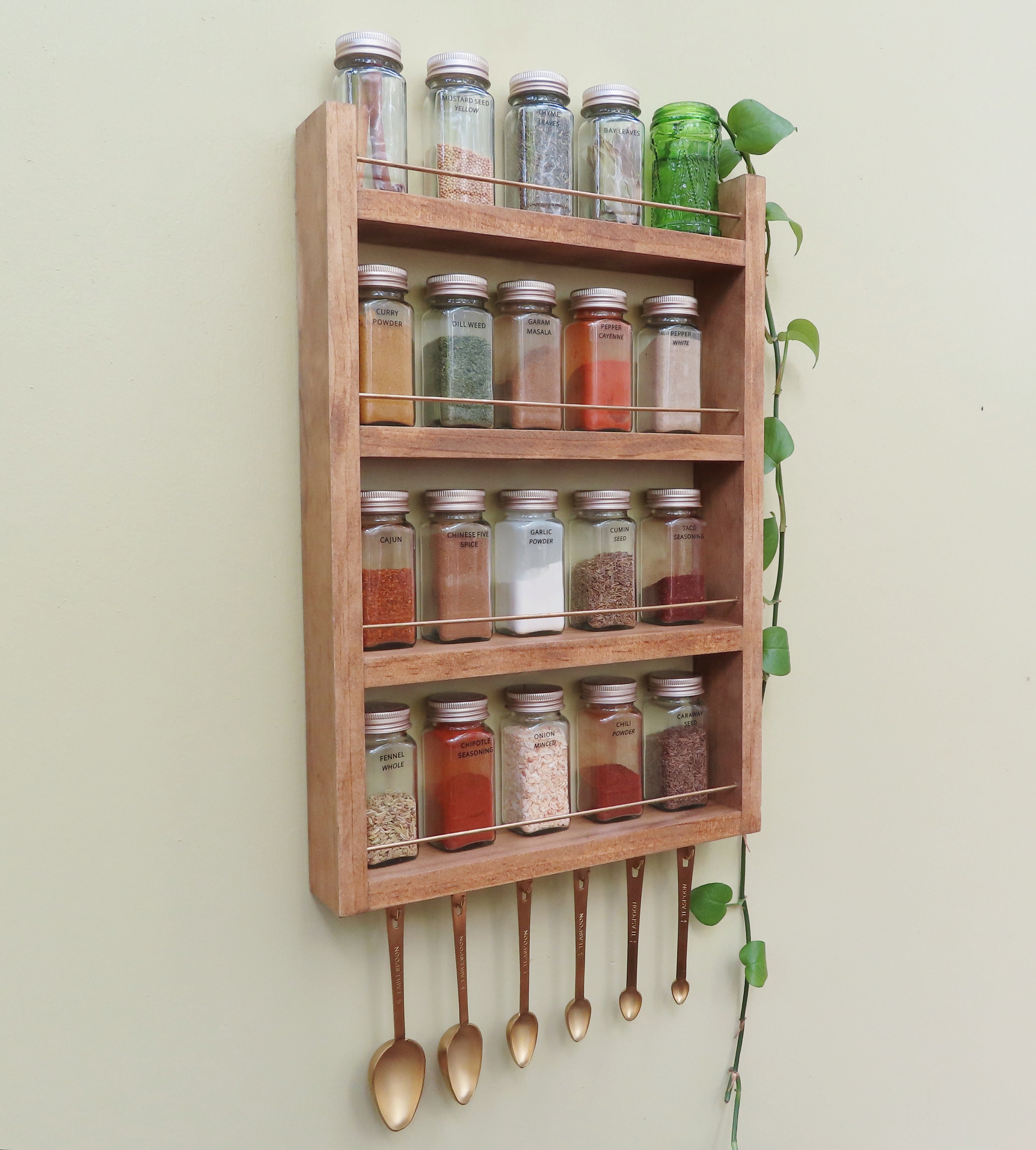 Walnut Spice Rack With Brass Rails, Hanging Kitchen Organization, 4 ...