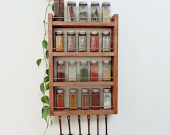 Handcrafted Spice Rack in solid wood: Lenox spice Village Display with Brass Rails