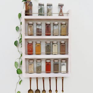 Wood spice rack with brass rails, fits the full Lenox spice village, hanging kitchen organization, 4 shelf or 3 shelf wall mount spice rack