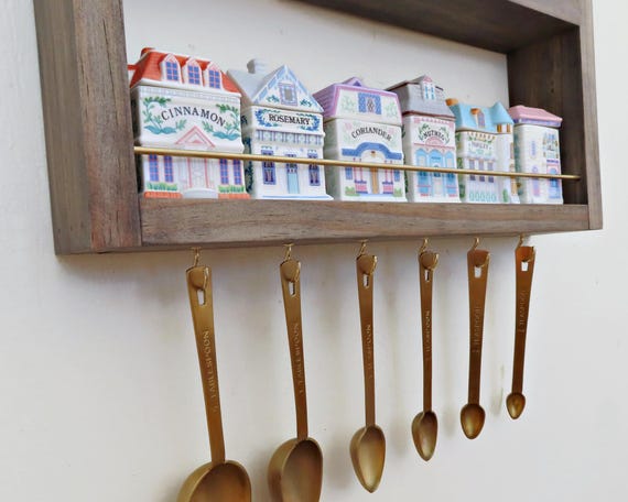 Wood Spice Rack With Brass Rails, Wood Spice Rack, Hanging Kitchen