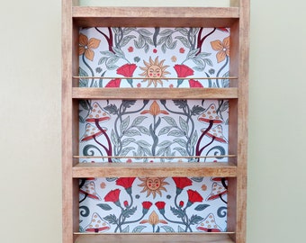 hanging spice rack with sun and mushroom background in stained wood, 4 shelf or 3 shelf wall mount kitchen storage for spices
