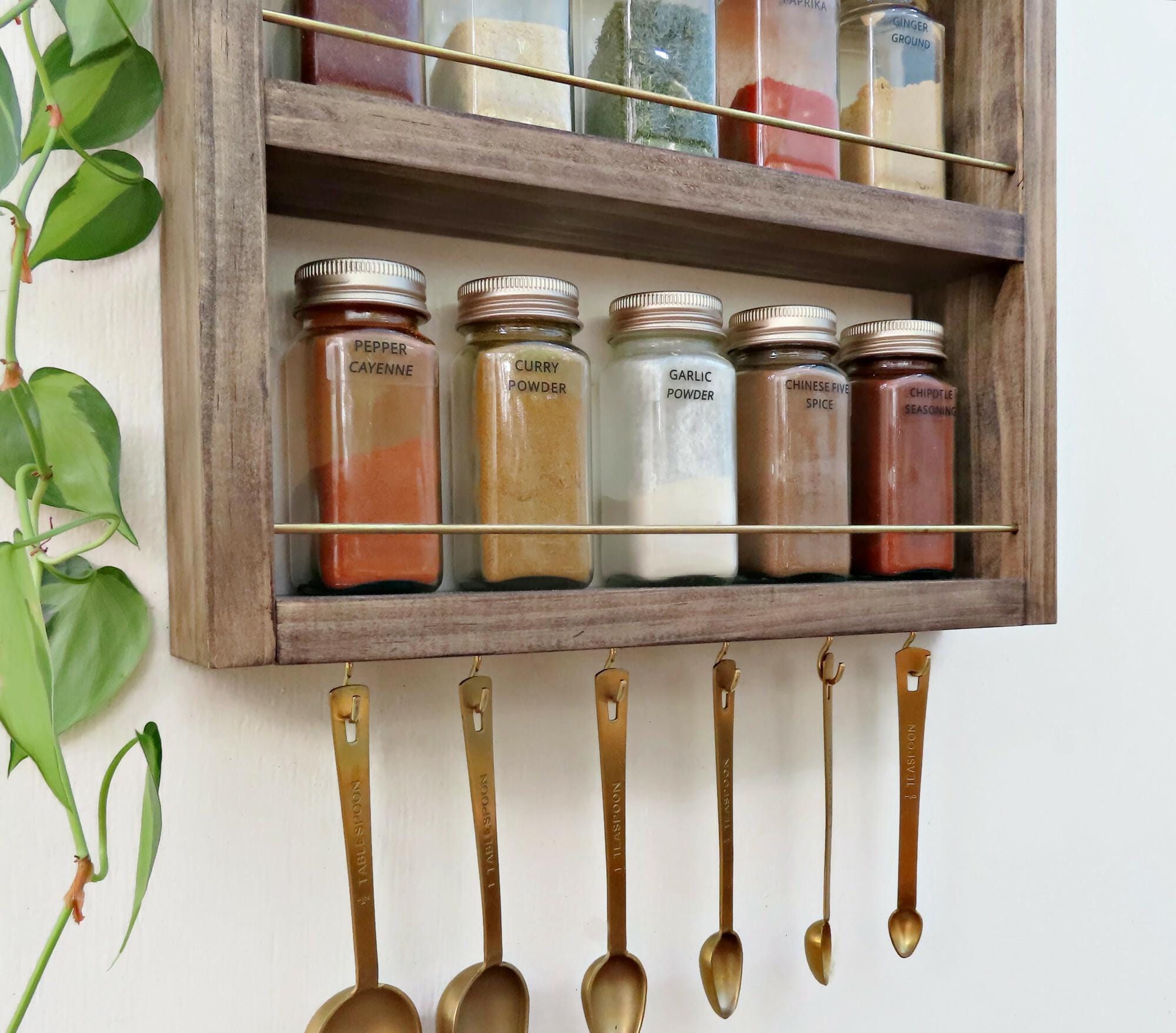 Spice Rack Hook Wood Spice Rack With Brass Rails and Hooks to Hang Measuring Spoons ...