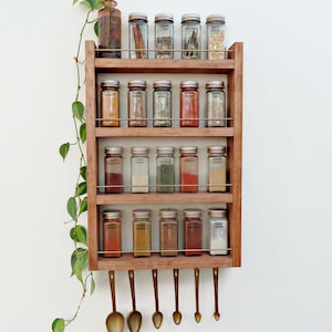 Wood spice rack with brass rails, Wood spice rack, hanging kitchen organization, 4 shelf or 3 shelf wall mount storage for spices