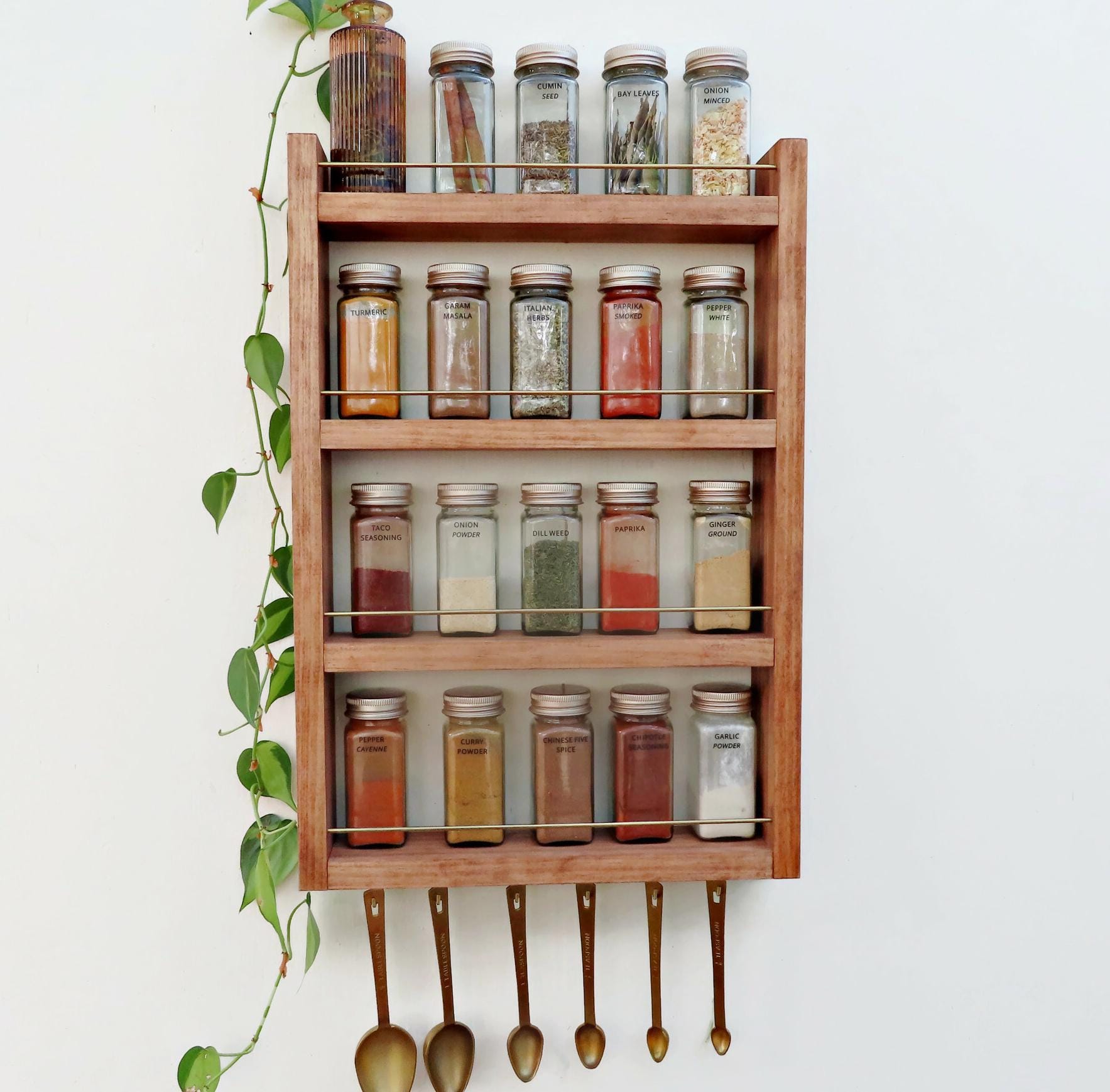 Wood spice rack with brass rails, Wood spice rack, hanging kitchen organization, 4 shelf or 3 shelf wall mount storage for spices