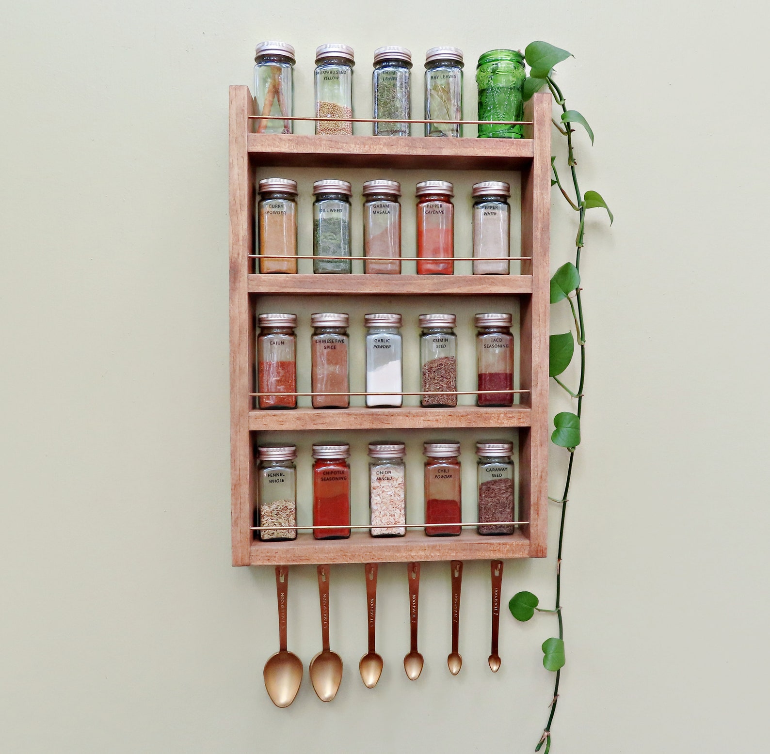 Walnut Spice Rack With Brass Rails, Hanging Kitchen Organization, 4 ...