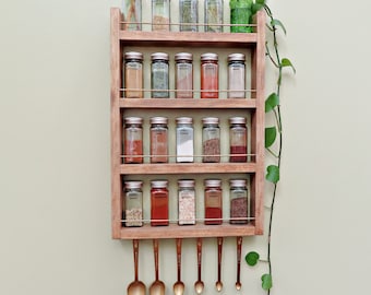 walnut spice rack with brass rails, hanging kitchen organization, 4 shelf or 3 shelf wall mount kitchen storage for spices or essential oils