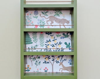 green spice rack with tiger background, hanging kitchen shelf, 4 shelf or 3 shelf wall mount kitchen storage for spices or essential oils