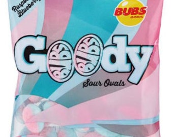 Goody Bubs, Framboos & Bosbes, Zure Ovalen Bubs, Zweeds snoep, Cadeau, 90g/3,1 Oz per zakje