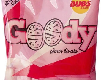 Goody Bubs, fresa y vainilla, Sour Ovals Bubs, caramelo sueco, regalo Godis, 90 g/3,1 oz por bolsa