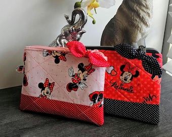 Premium Quilted Minnie Mouse Zippered Pouch with Bow: Disney Travel Makeup Bag, Personalized Gift for Women/Girls, Cash-Card Wallet