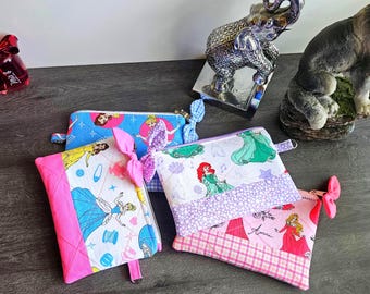 Disney Princess Zippered Pouch with Bow and D-Ring |Cute Quilted Toiletry Bag | Personalized Card Holder Wallet, Keys-Coins-AirPods girl Bag