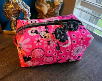 Pink Minnie Mouse Makeup Bag: Disney  Quilted Cosmetic Pouch, Polka-dots Puffy Boxycase, Personalized Gift