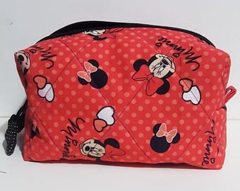Minnie Mouse Makeup Bag: Quilted Polka Dot Cosmetic Organizer, Personalized Gift, Disney Puffy Boxycase