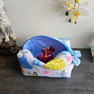 Premium Quilted Disney Princess Makeup Bag, Personalized Gingham Toiletry Boxy Case, Handmade Travel Cosmetic Pouch, Belle-Cinderella Bag