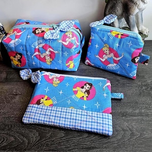 Disney Princess Makeup Bag – Handmade Gingham Cosmetic Pouch, Travel Cinderella Boxy Case, Quilted Belle Toiletry Bag
