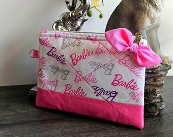 Personalized Barbie Zipper Pouch with Bow | Quilted Coquette Makeup Bag for Girls
