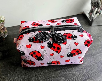 Trousse de maquillage en forme de coeurs de coccinelle : trousse à maquillage matelassée à pois, trousse de toilette, organiseur de voyage