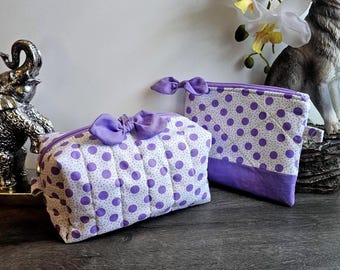 Personalized Purple Polka Dot Makeup Bag: Quilted Cosmetic Boxy Case Organizer, Puffy-soft Toiletry Pouch