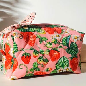 Strawberry Floral Quilted Makeup Bag: Embroidery Personalized Cosmetic Pouch, Toiletry Boxy Case