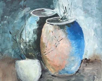 peinture huile, nature, pot, pots, nature morte, décoratif