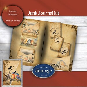 Op de afbeelding: Printbare junk journal-kit met een vintage esthetiek met vogels en harten. De kit bevat enveloppen, labels en decoratieve elementen. De kit is ontworpen voor knutselen en scrapbooking.