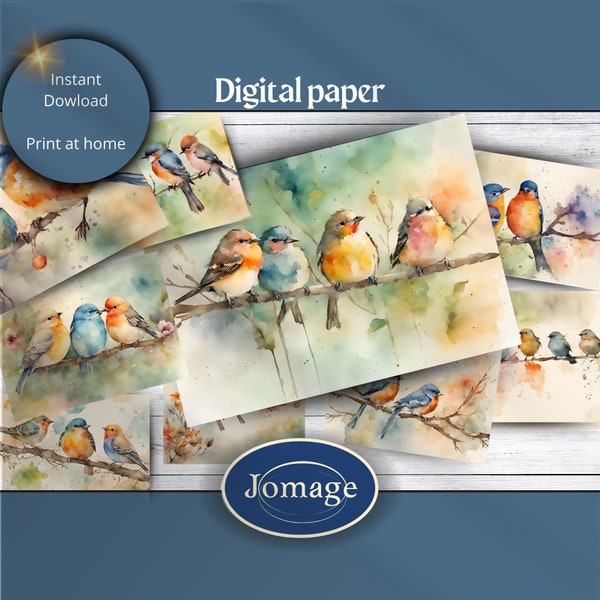 Watercolour birds digital paper for junk journals A4 format -2