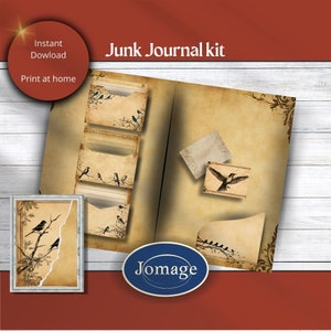 Op de afbeelding: Een printbare junk journal kit met een vintage esthetiek. De kit bevat verschillende pagina's met vogel illustraties, enveloppen en decoratieve elementen. De kit is ontworpen voor knutselen en journalen.