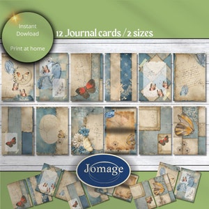 Op de afbeelding: Twaalf printbare journalkaarten in twee formaten met een collage van vintage papier, vlinders en bloemmotieven in tinten blauw, bruin en wit. De kaarten zijn perfect om een vleugje whimsy aan je journal toe te voegen.