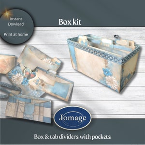 May include: A printable box kit for organizing, featuring a blue and white floral design with pockets and tab dividers. The kit is labeled "Box kit" and "Box & tab dividers with pockets".
