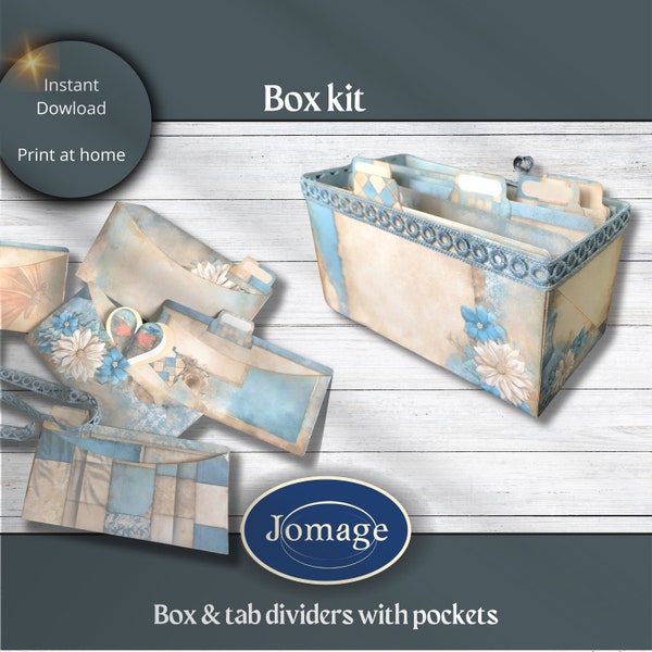 Ephemera holder box kit with little junk journal bleu beige design -1