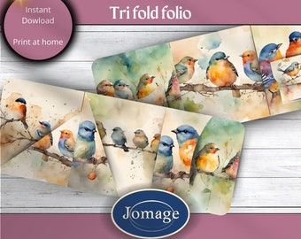 Junk journal tri fold folio om zelf te maken in een lieflijke waterverf voorjaarsvogels -2