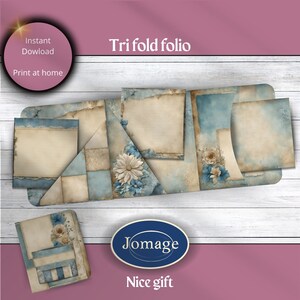 Puede incluir: Un folio de tres pliegues con un diseño vintage azul y marrón. El folio tiene una variedad de bolsillos y compartimentos para guardar papeles y otros artículos. El folio está decorado con flores y encaje. El texto "Tri fold folio" y "Jomage Nice gift" está impreso en la imagen.