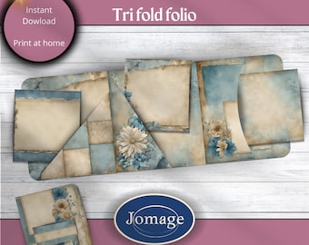 Junk journal trifold folio à réaliser soi-même dans un joli style basique dans les couleurs bleu beige -1