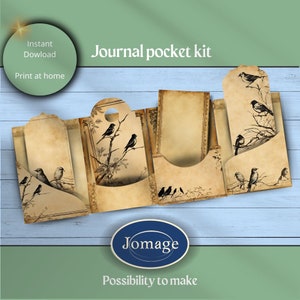May include: Printable journal pocket kit with a vintage aesthetic featuring a brown background with black birds and floral accents. The text "Journal pocket kit" is at the top of the image. The text "Jomage" is in a blue oval at the bottom of the image. The text "Possibility to make" is below the oval.